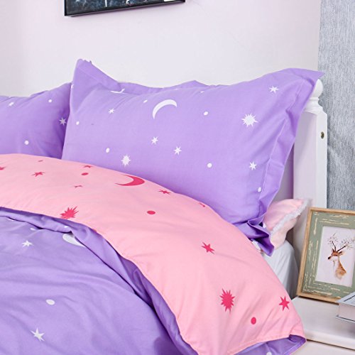 sourcingmap® Sternenaufdruck Bettbezug Kissenbezug Bettdecke Abdeckung Bettbezugset Lila - 5