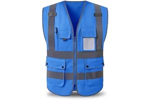 HYCOPROT Gilet de sécurité Haute visibilité avec Poches et Fermeture éclair, Gilet Respirant de Construction légère, Conforme aux Normes ANSI/ISEA (Bleu, XL)