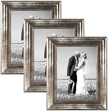Set of 3 Picture Frames with Dimensions of 20x30 cm / 12 x 8 Inch, in Silver, Baroque, Antique, Solid Wood, with Glass Insert, including Accessories