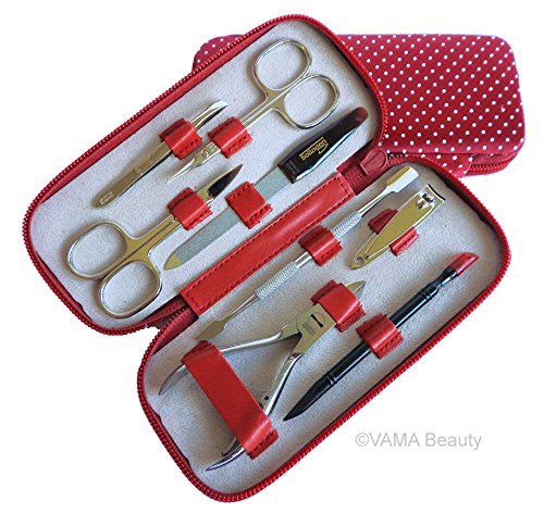 VAMA Beauty Polka Dot Luxury 8 Piece Ladies Manicure Pedicure Personal Nail Care Set Red