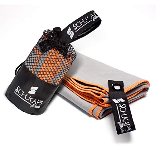 Schukaps Toalla de Microfibra compacta y de Secado rapido con Bolsa para Viajes - Deporte Piscina Playa Yoga y Gimnasio Fitness - (80x40cm, Gris/Naranja)