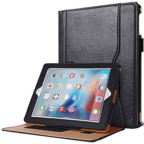 SAVFY iPad 2/3/4 Hülle Auto Sleep Wake up Funktion Business Serie Case Smart Cover mit Klettverschluss Handschlaufe, Kartensteckplätze schwarz
