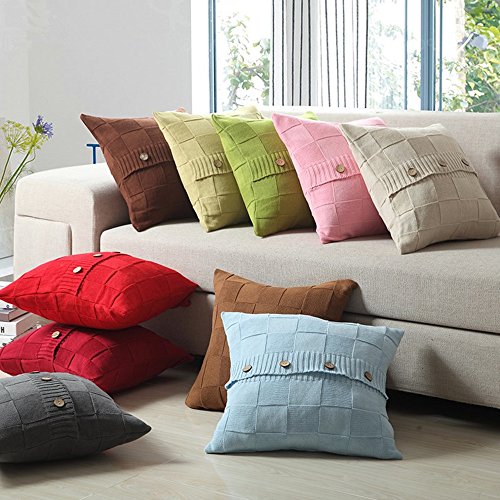 VClife® Baumwolle Zierkissenbezug 45*45cm Kariert Gestrickt Sofa Bett Zimmer Auto Dekokissen Kissenhülle Knopf Beige - 3