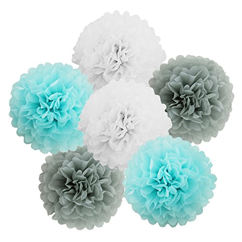 6er Grau/Weiß/Hellbalu Papier PomPom Blumen Kugel 25cm Hochzeit Garten Wohnung Fest Feier Party Geburtstag Deko