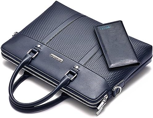 Ranbow Embossing Slim Briefcase Men's Business PU Leather Bag Flapover Satchel Executive Law Briefcase Handbag with Wallet, Blue