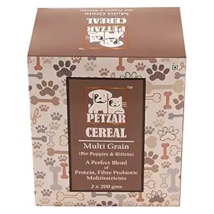 Petzar puppy cereal for dogs with added multi grains ,probiotics,fibre & all essential multinutrients a complete balanced diet for a growing puppy with real milk solids no artificial flavouring 400 gm