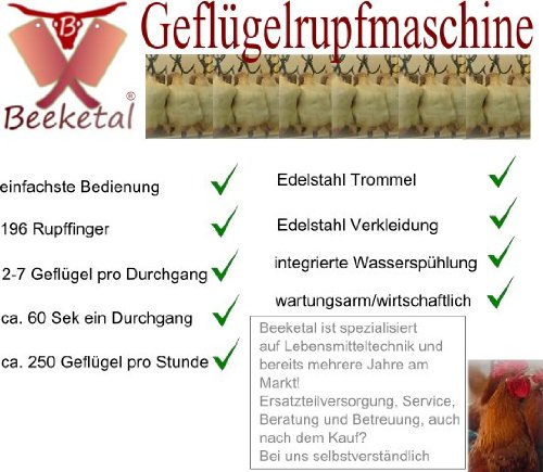 Beeketal Geflügelrupfmaschine auf Rollen „BRM1800“ für Hühner, Enten, leichten Gänsen und Puten, Nassrupfmaschine Kapazität: ca. 250 Gefügel pro Stunde mit 2-7 Tieren pro Durchgang (max. 8 kg Gesamtbelastung oder 5 kg pro Tier) – Profi Rupfmaschine mit speziell geformten Rupffingern, integrierter Wasserspülung und Auswurfrutsche - 7