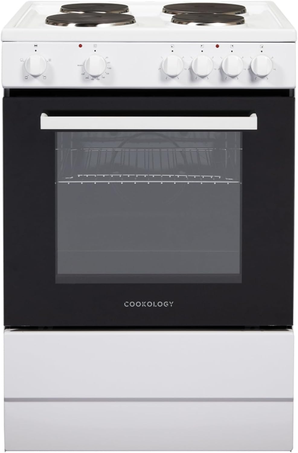 Cookology CFSP600WH 60cm Wide, 62 Litre Capacity Freestanding Electric Single Cooker with Solid Plate Top 4 Cooking Zone Hob and Analogue Dials – in White