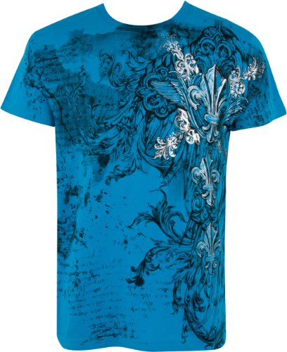 Sakkas Fleur De Lis e Vines Moda Uomo T-Shirt a Maniche Corte Girocollo con Silver Metallizzato Goffrato-Turchese-S