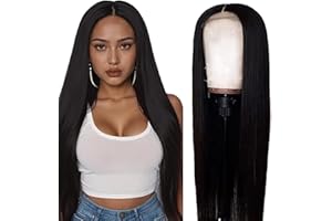 Weeybay Pelucas Mujer Pelo Natural Humano Bone Straight Human Hair Wig Glueless Wear and Go 4X1 Lace Closure Cabello Humano #1B Natural Black Color with Baby Hair Bleached Knot 22 Inch