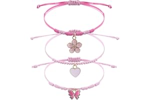 AUEFUDQ Lot de 3 bracelets de l'amitié pour fille - Bracelet tressé réglable - Bracelet fleurs coeurs papillons pour filles - Cadeaux et pochettes de fête d'anniversaire pour enfantsr - rose