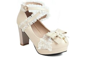 ULALAZA Chaussures Mary Jane à Talons Hauts pour Femmes Sweet Party Festive Lace Bow Pearl Strawberry Cute Dress Shoes