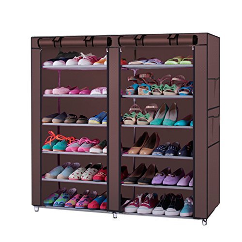 Portable Double Rows 12 Grid Shoe Rack Shelf Storage Closetwith Dustproof Cover Organizer Cabinet