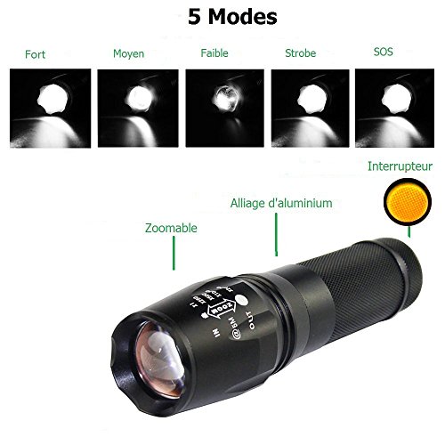 SUNSPEED Wiederaufladbare LED Taschenlampe/5 Modus Regulierbar/500 Lumen /IP65 Wasserdicht/ 26650 aufladbare Batterie + Ladegerät+3 AAA Akku-Halter - 3