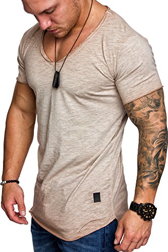 Amaci&Sons Oversize Herren Vintage T-Shirt Verwaschen V-Neck Basic V-Ausschnitt Shirt 6034 Beige XL