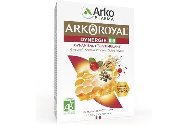 Arkopharma - Arkoroyal Dynergie Bio | Gelée Royale - Propolis - Complément Alimentaire - Booster Énergie - Immunité et Vitalité - Ginseng - Acérola - Dynamisant et Stimulant | 20 Ampoules