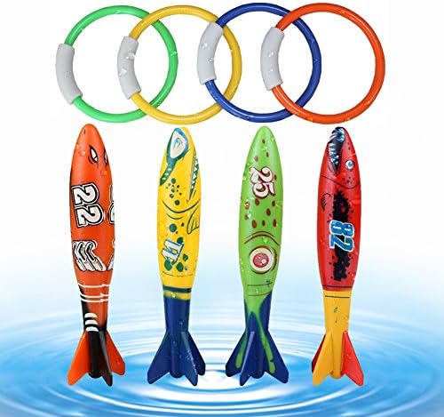 Saienfeng 8PCS Underwater Swimming Pool Toys Diving Rings Dive Throw Torpedo Bandits Toy Sets