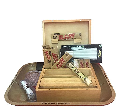 Shine Boîte en bois avec plateau écru + feuilles/Conseils/machine à effriter/machine à rouler/tapis LARGE BOX Grand plateau