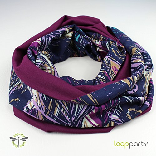 Loop-Schal Damen, zum Wenden: Viskose & schimmernder Jersey, Federn-Motiv