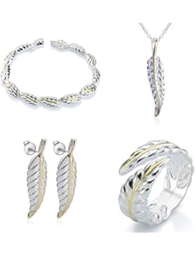 ELEGANCE PARISIENNE Modisches Schmuck-Set Feder Glücksbringer Silber 925 Halskette Ring Armband Ohrringe Für Damen...