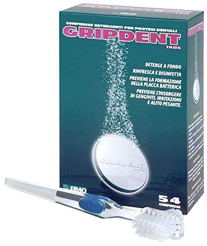 Gripdent Compresse Disinfettanti per Dentiere, Mascherine Trasparenti, Apparecchi e Bite + Spazzolino Puliscidentiera - 54 Compresse
