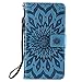 Produktbild DENDICO iPhone XR Hülle, Premium Leder Wallet Tasche Etui Sonnenblume Prägung Hülle mit Magnetverschluss, Flip Brieftasche Handy Schutzhülle für Apple iPhone XR - Blau
