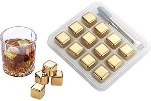 Abiyou 12Piezas Cubitos de Hielo de Acero Inoxidable Dorado,Cubitos de Hielo para Whisky,Cubos de Hielo Reutilizable,Cubitos de Hielo de Metal Reutilizables,para Whisky,Vodka(Oro) ﻿