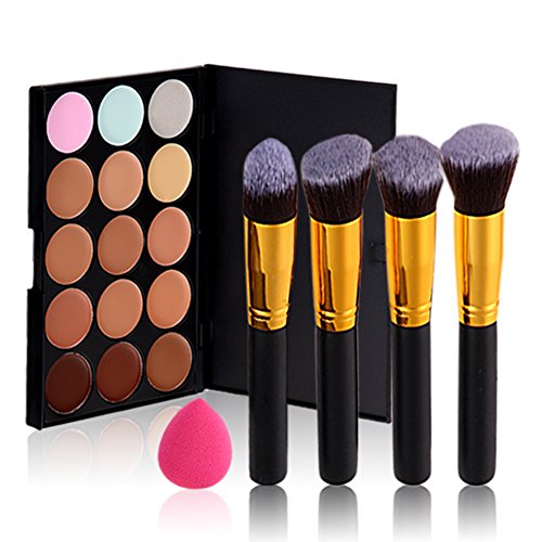 Chinatera 15 Colours Face Makeup Concealer Contour Camouflage Palette+4Pcs Cosmetic Blusher Foundation Powder Kabuki Brushes + Pink Sponge Puff