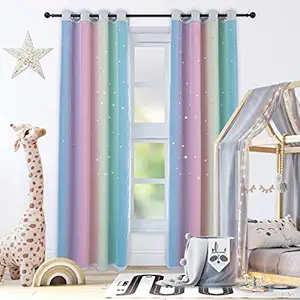 Drewin Curtains for Girls Bedroom 84 Inches Length Stars Cut Out Colorful Curtain Kids Room Darkening Rainbow Ombre Stripe Double Layer Window Drapes Tulle Nursery Decor, 2 Panels 52?Wx84?L