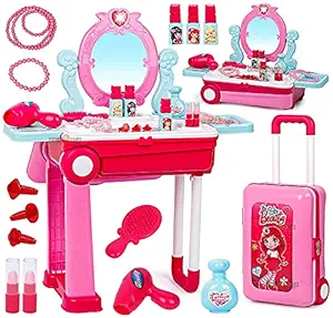 mqfit Beauty Makeup Kit for Doll Girls Cosmetic Set 2 in 1 Vanity Table Portable Trolley Pretend Play Set Toy with Make up Accessories for Kids Plastic (Pink) 21 Pieces (Made in India)