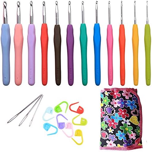 Crochet Hooks Set 12pcs - Ergonomic Soft Rubber Grip Handle and Aluminum Knitting Needle - 2mm to 8mm DIY Weave Yarn Kit +3pcs Large-eye Blunt Needles + 8pcs Stitch Markers in Case by Ouway