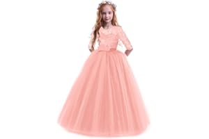 IBTOM CASTLE Flower Girls Lace 3/4 Sleeve Dress Wedding Bridesmaid First Communion Evening Party Floor Length Dress Kids Princess Pageant Birthday Prom Carnival Christmas Ball Gown