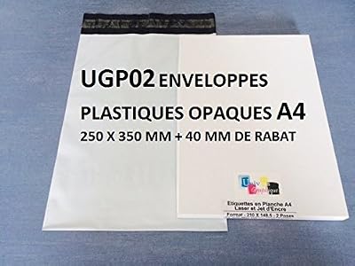 UNIVERS GRAPHIQUE Lot de 100 Enveloppes plastique blanches opaques A4 250 x 350 mm ,pochettes d'expédition 25x35 cm 60 microns. Enveloppe plastique fine 13g, légère, solide , inviolable et imperméable.