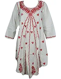 Indiatrendzs Women’s Kaftan Dress Paisley Lucknow Chikan Embroidered White Tunic Dress Full Sleeve