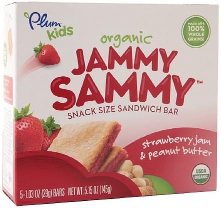 Plum Kids Organic Jammy Sammy Snack Size Sandwich Bar, Strawberry Jam &amp; Peanut Butter 5.15 oz (145 g) by Plum Kids