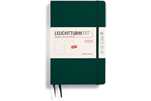 LEUCHTTURM1917 371017 Agenda semanal 2025, Paperback B6+, tapa dura, planificador de 12 meses, a rayas, verde bosque, inglés