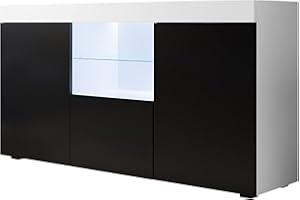 MB Muebles Bonitos | Bahut Buffet Meuble de Rangement Moderne Natolia | Largeur 150 x Hauteur 83 x Profondeur 40 cm | Meuble en mélanine Mate avec éclairage LED | Couleur Blanc et Noir