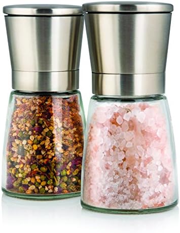 Elegant Salt and Pepper Grinder Set with Matching Stand - Stunning Glass Body with Adjustable Ceramic Grinder - Premium Pair of Salt &amp; Peppercorn Mills - Brushed Stainless Steel Salt and Pepper Shakers - Set of 2