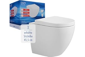 sanicomfort Cozy Wand-WC erhöht – spülrandloses Hänge-WC mit 45,5 cm Sitzhöhe & Absenkautomatik, weiß