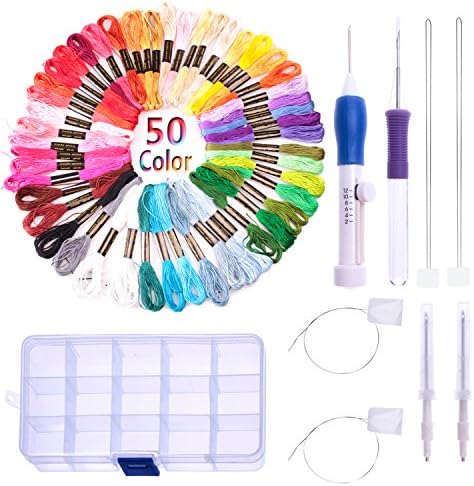 GABBREIN 3 Size Embroidery Punch Needle Stitching Tool &amp; 50 Skeins Cross-Stitching Sewing Cotton Embroidery Thread Kit