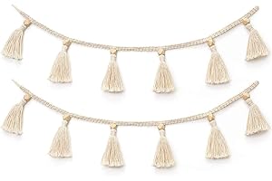 ZOONAI 2 Pack Macrame Cotton Tassel Garland Banner with Beads Wall Decor Woven Home Decoration for Bedroom Nursery Baby Kids Room