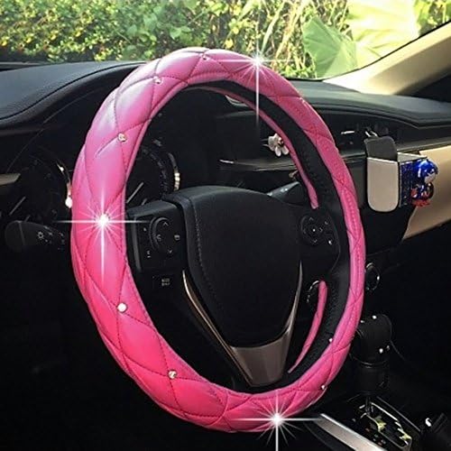38cm 15"Ladies Car Steering Wheel Diamond Lattice Girls Classy Fashion Collection Car Steering Wheel Cover with Diamonds (Pink)