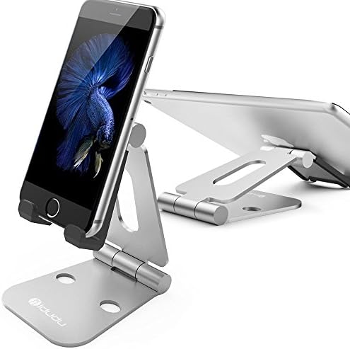 Cell Phone Stand, iDudu Dual Foldable Aluminum Adjustable Desktop Cell Phone Stand Tablet Stand for Mobile Phone and Tablet (Up to 10.1 inch) - Silver