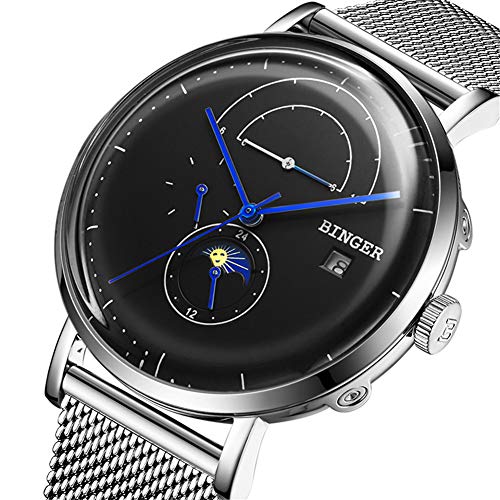 Preisvergleich Produktbild Binger Schweiz Automatische Herrenuhr mechanische Uhr männlich Saphir Japan Bewegung Edelstahlarmband mit Mondphase, vollständiger Kalender 8610M,Black