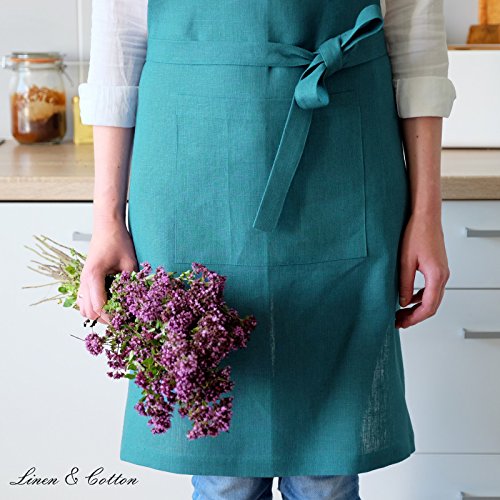 Linen & Cotton Luxus Schürze, Küchenschürze, Kochschürze, Grillschürze “ELLA“ – 100% Leinen (70 x 84cm, Türkis) - 2