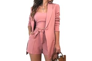 ORANDESIGNE Completo Tre Pezzi da Donna Canotta Tinta Unita Blazer Moda con Singolo Button Shorts a Vita Alta con Tasche in Cintura Set 3 Pezzi Weste Cappotto Pantaloncini Estate