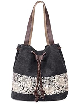 GWELL Damen Vintage Canvas Shopper Schultertasche Beuteltasche Handtasche mit Kordelzug
