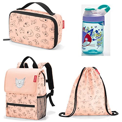 Preisvergleich Produktbild schönes reisenthel Kindergartenset 4tlg. bestehend aus reisenthel kids Rucksack / backpack 5L, Sportbeutel / mysac, Isotasche / thermocase Design Cat´s & Dog´s und Contigo Trinkflasche Gizmo Slip (rose)