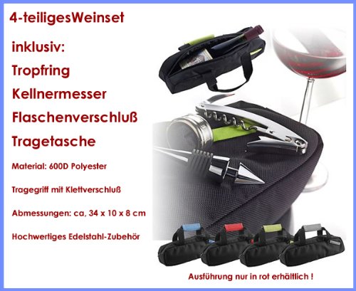 4-tlg. Weinset Sommelier-Set - Dekantier-Set Weingarnitur Kellnermesser aus Edelstahl mit Korkenzieher, Tropfring und Flaschen-Verschluß