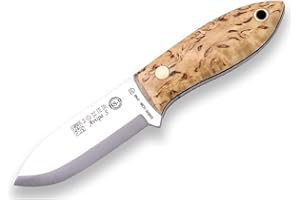 Joker Cuchillo Bushcraft Avispa S CL121, Mango de Abedul Rizado, Hoja de 8 cm con Agarre en el Lomo, Incluye Funda de Cuero marrón, Herramienta de Pesca, Caza, Camping y Senderismo